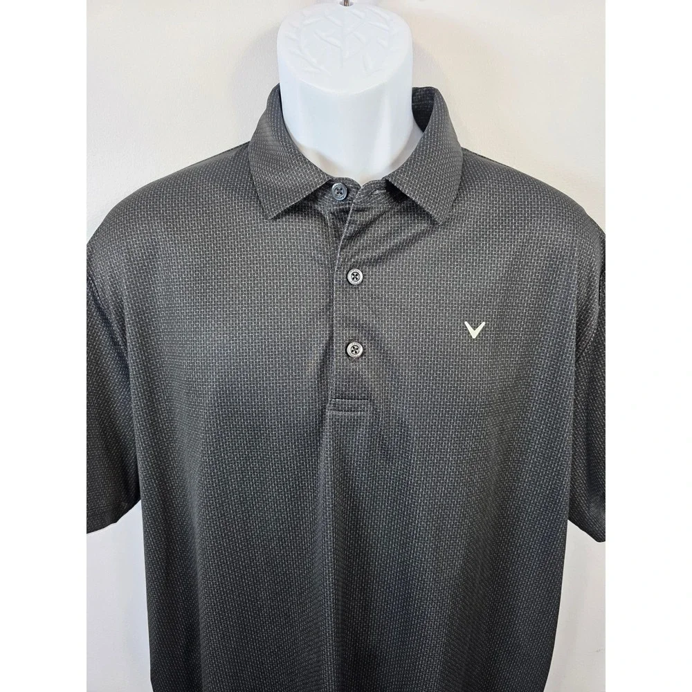 Callaway Opti-Dri Mens Large Black Gray Grid Performance Golf Polo Shirt Logo